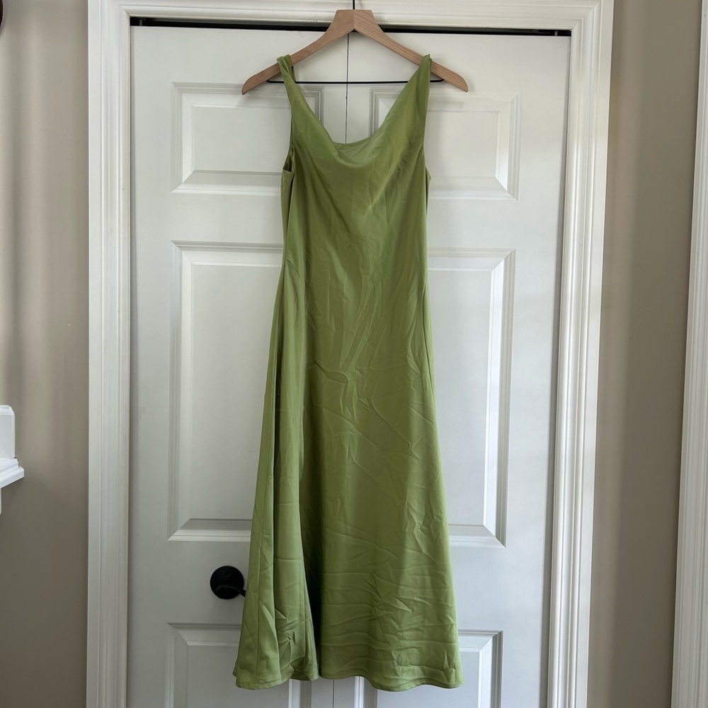WAYF Tala Cowl Neck Satin Bridesmaid Dress XS (Altered) Chartreuse Green Sage